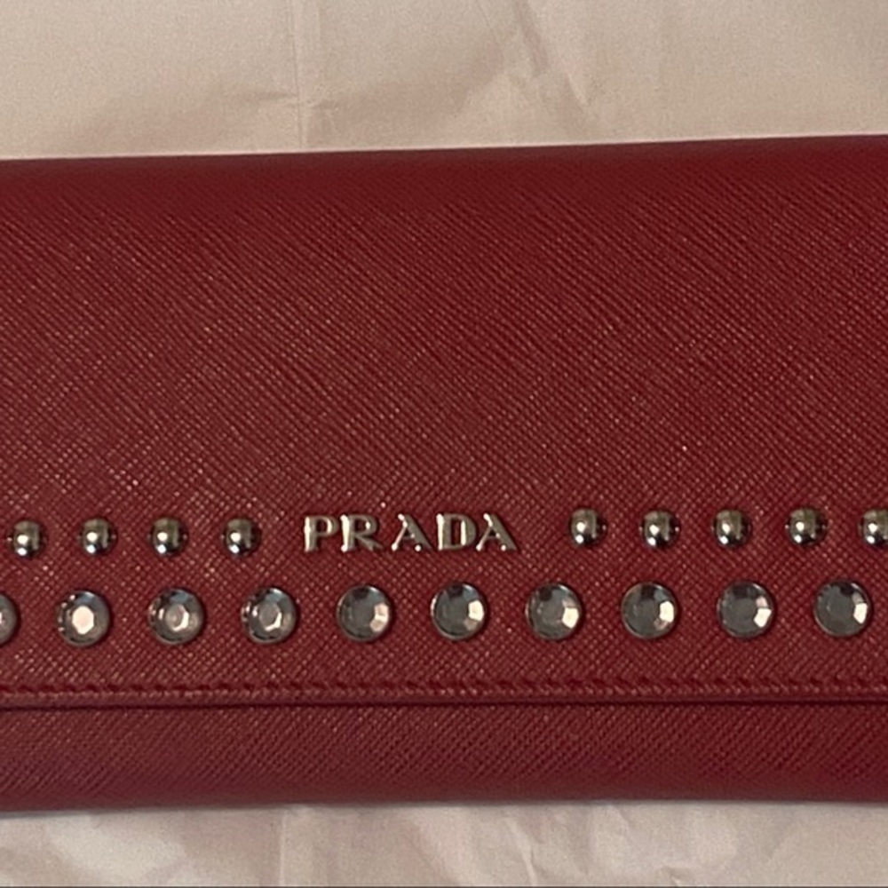 PRADA RED SAFFIANO STUDDED BORCHI CONTINENTAL WALLET - Picture 3 of 10